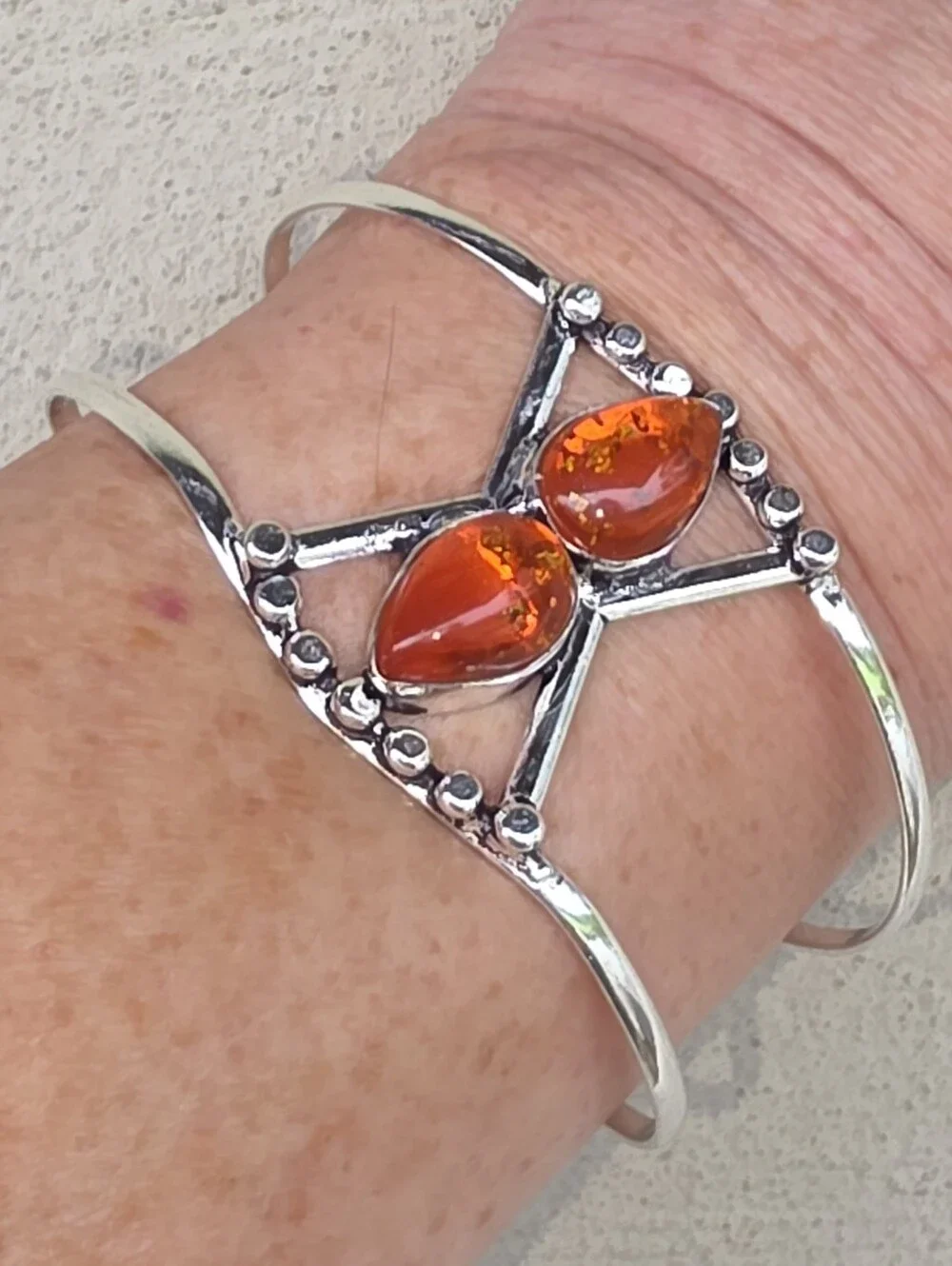 Baltic Amber Cuff Bracelet In 925 Sterling Silver (Adjustable)